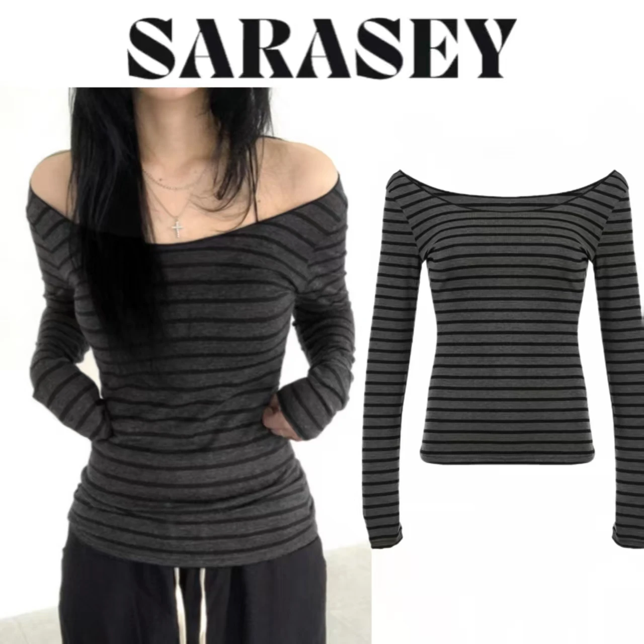 2025 اليابانية الأساسية ضئيلة طويلة الأكمام شريطية المحملة قبالة الكتف س الرقبة الكورية الشارع نمط ربيع الخريف Y 2 K رمادي تي شيرت المرأة #1