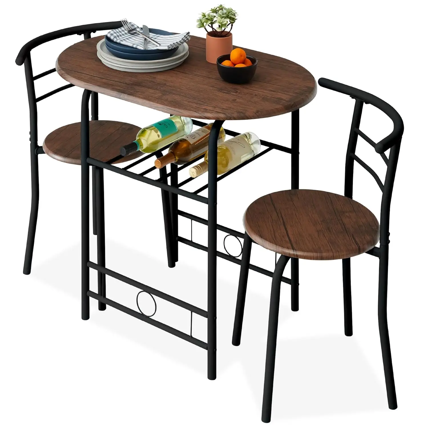 

3-Piece Wooden Round Table & Chair Set for Kitchen, Dining Room, Compact Space w/Steel Frame, Built-in Wine Rack, Customized