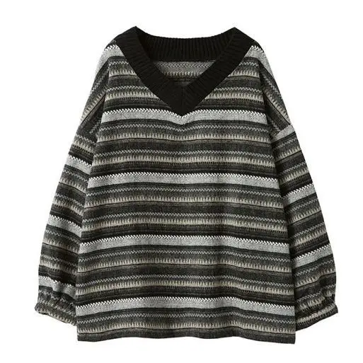 

Women Sweater Striped V Neck Jumpers Long Sleeve Pullovers Loose Fit Autumn Jumper Slight Strech 2025 Casual Spliced Basics
