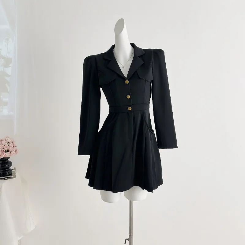 新作高級秋スーツドレス レディース ハイエンド エレガント スリムウエスト ラペル 長袖 ファッション Aライン プリーツ ミニドレス オフィスレディー