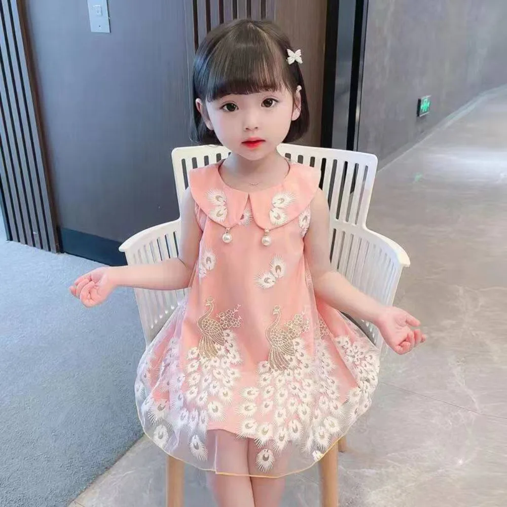 

2026 Summer Girls Peacock Printed Sundress Sleeveless Tank Dress Stylish Little Girl Elegant Princess Gown for 90-140cm
