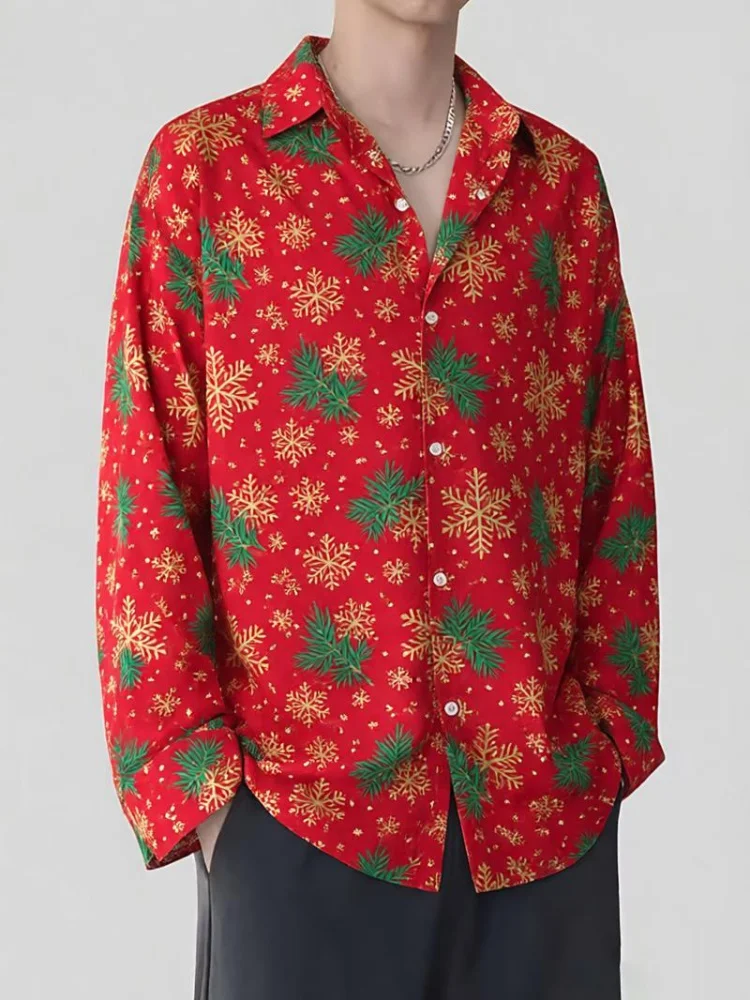 Men's Red Christmas Snowflake Pine Branch Printed Long Sleeve Shirt Loose Collar Holiday Shirt Christmas Party Men's Top