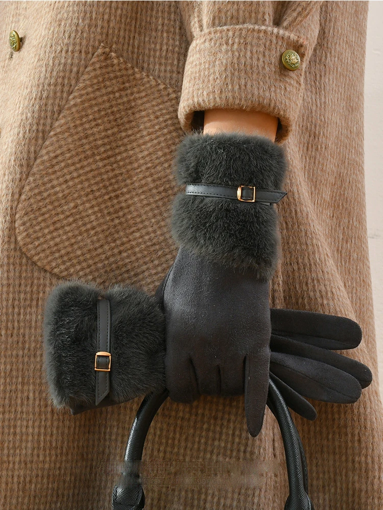 Women’S Touchscreen Winter Gloves Thick Fleece Lined Faux Fur Cuff Buckle Decor Warm Coldproof Sports Gloves