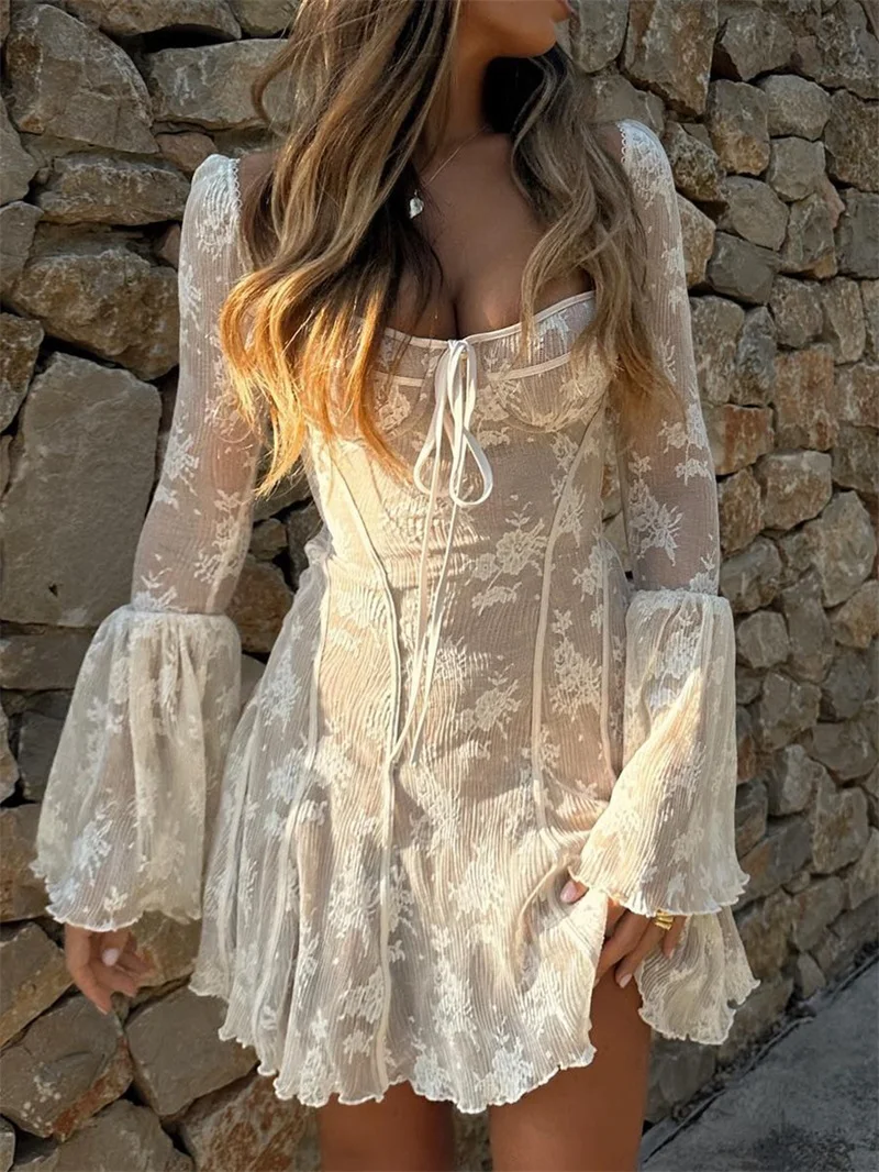 

Square Collar Pagoda Sleeve Women's Autumn Evening Dress Lace Sheath Slim Bandage Gown White Middle Waist Party Skirt Newest