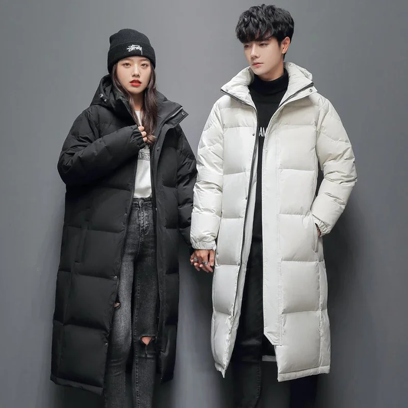 New Winter Outerwear Long Down Jacket Men Women Casual Long Knee-length Hooded Parka Coat Thicken Versatile White Duck Down Coat