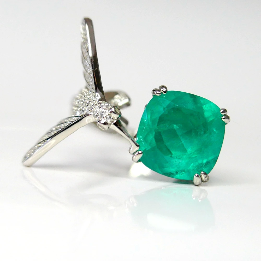 KQDANCE Real S925 sterling silver with Cushion Cut Created Blue Green Paraiba Tourmaline Bird Rings Fine Jewelry For Women