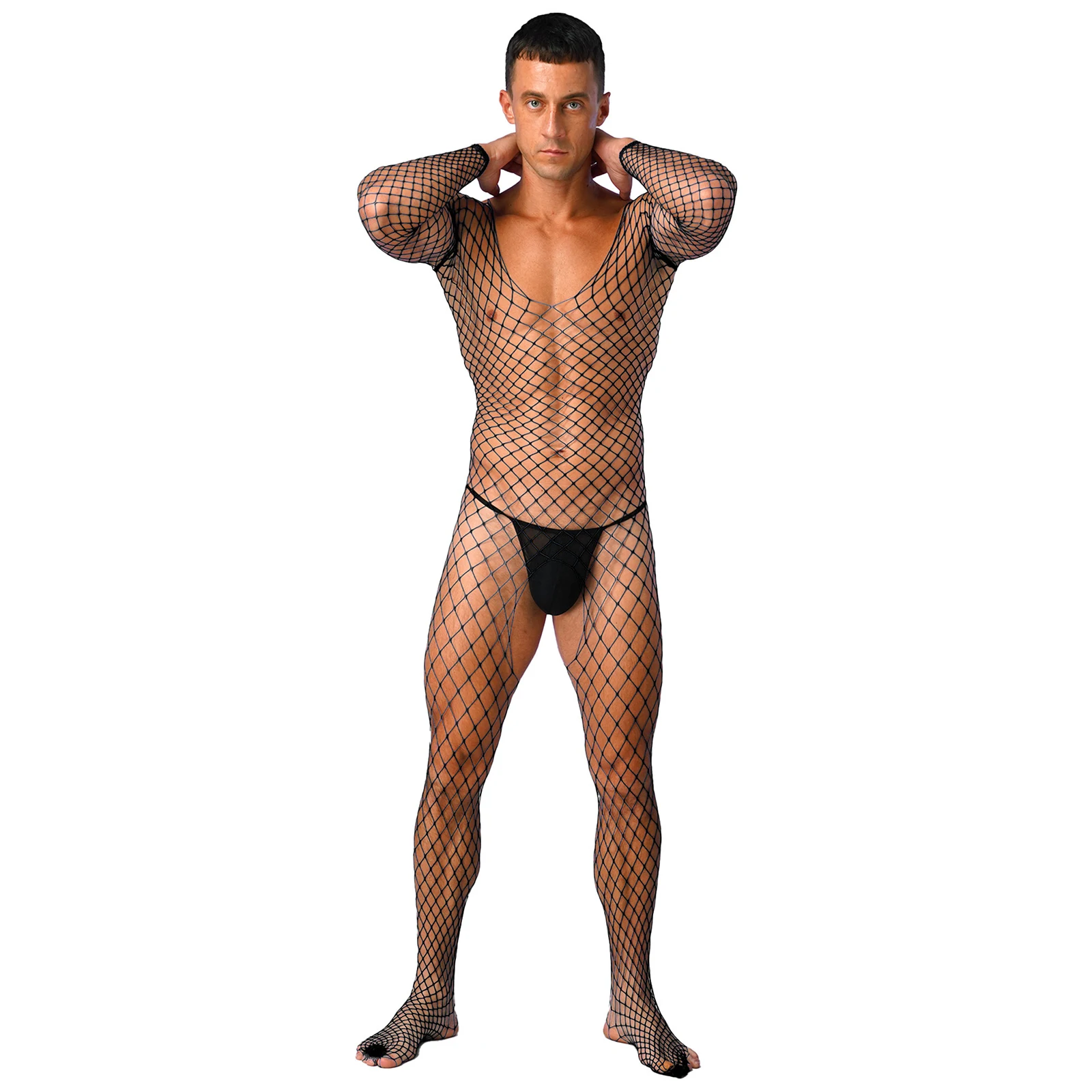 Gay Mens Sexy Lingerie Exotic Fishnet Bodystocking Jumpsuit Mesh Net See-through Long Sleeve Bodysuit Sleepwear Club Wear