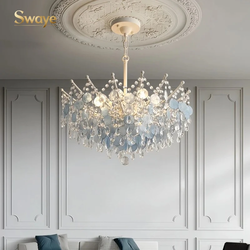 French Luxury LED Pendant Lights Blue White Natural Shell Crystal Chandelier Lamps for Romantic Living Dining Bedroom Home Decor