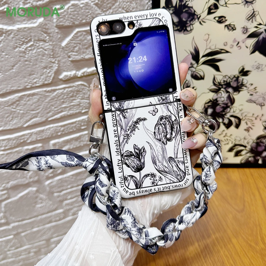 Z Flip6 Fashion Flower Leather for Hinged Full Coverage Case For Galaxy Zflip5 Z Flip 6 5 4 3 Flip3 Z Flip4 Scarf Bracelet Cover