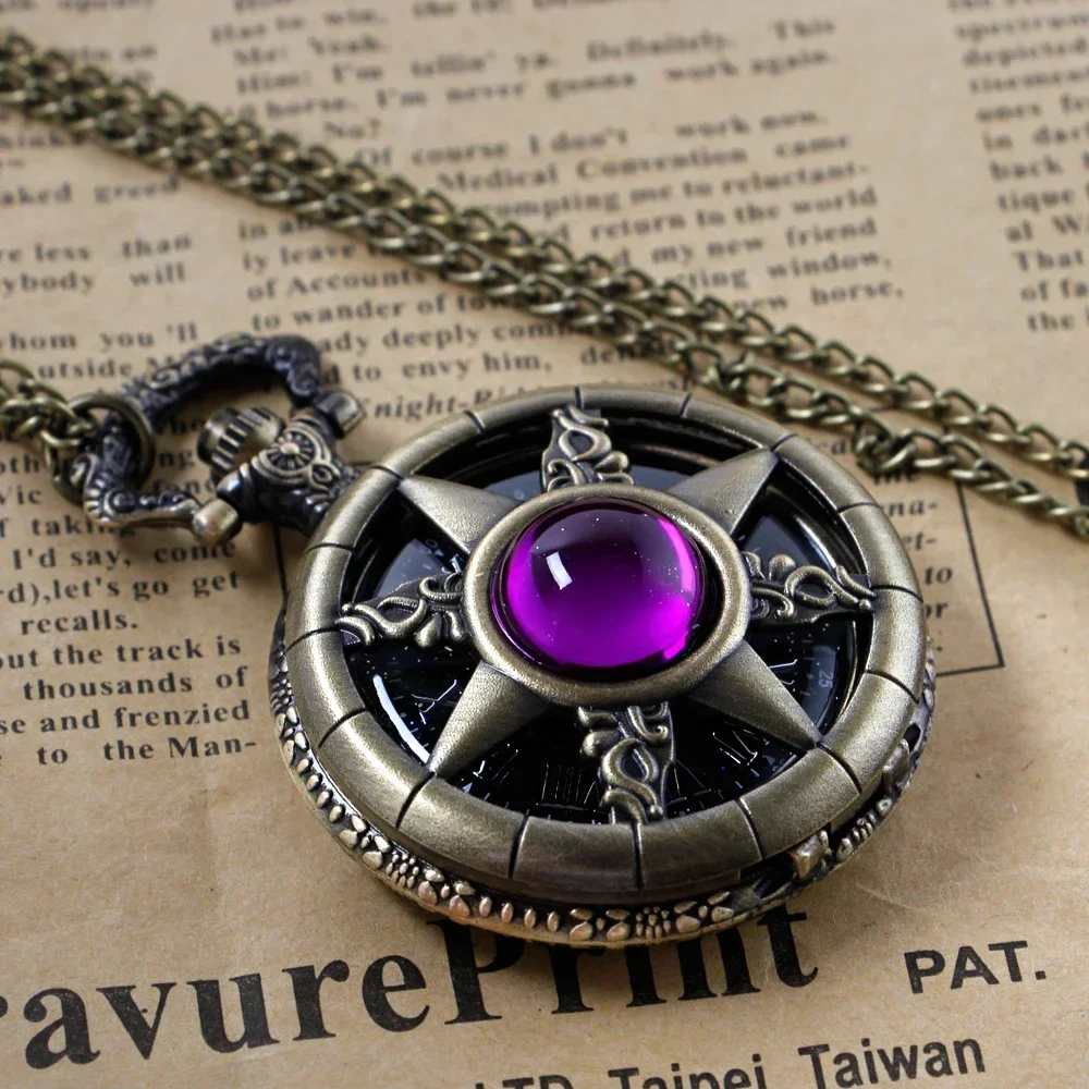 Antique Vintage Purple Gemstone Steampunk Pocket Watch Quartz Chain Clock Pendant Jewelry Timepiece Gift for Women Men