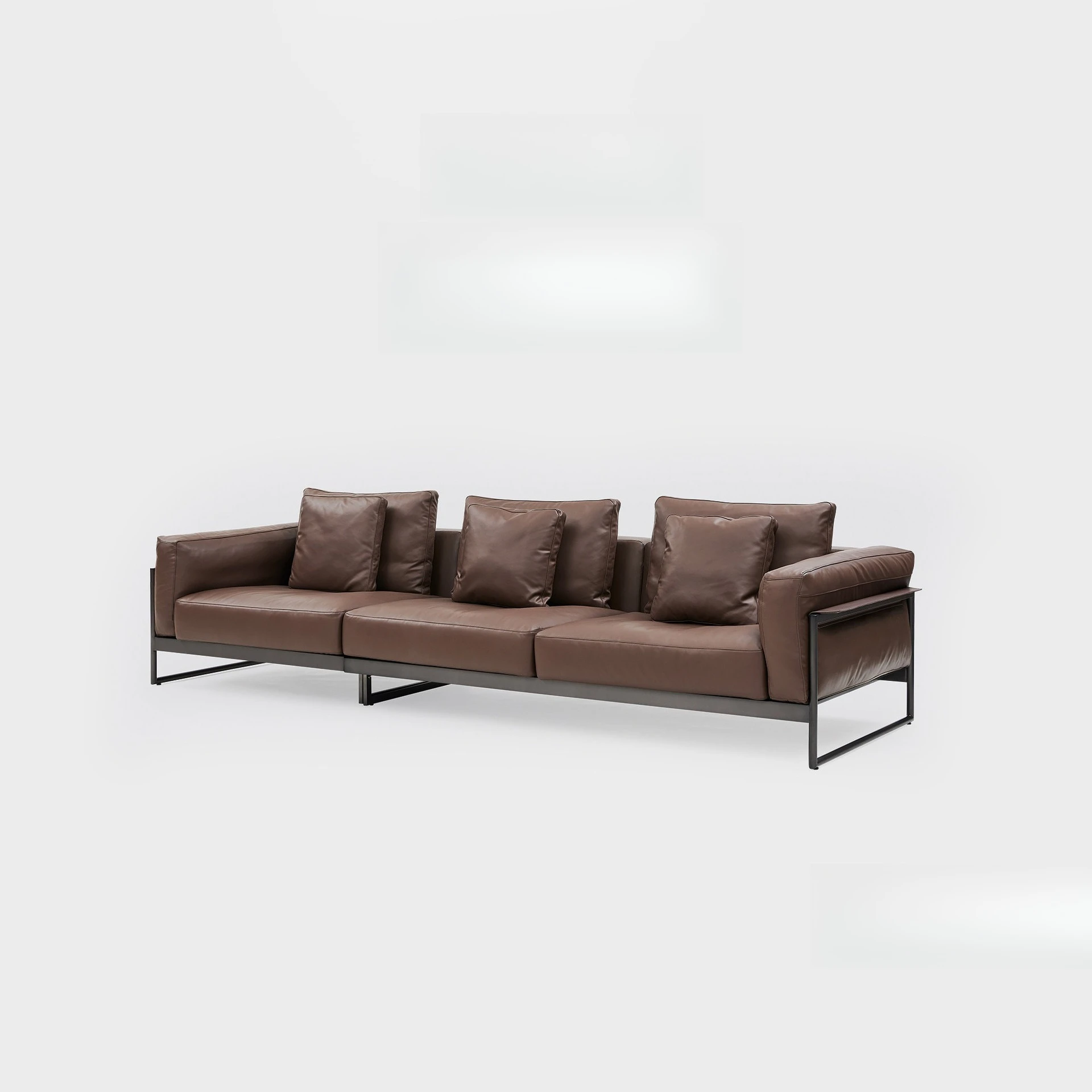 Modern simple straight row three-person leather sofa iron steel frame living room