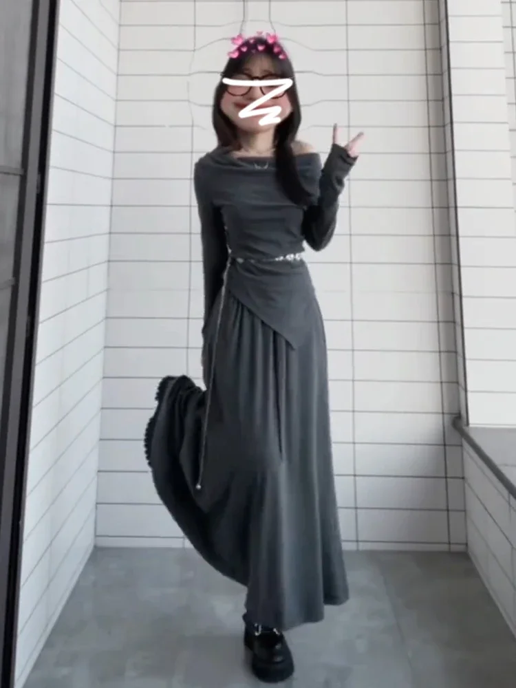 MiiiiX Office Lady Elegant Suit Women's Autumn Slash Neck Slim Waist Irregular Top A-line Long Skirt Fashion Two-piece Set