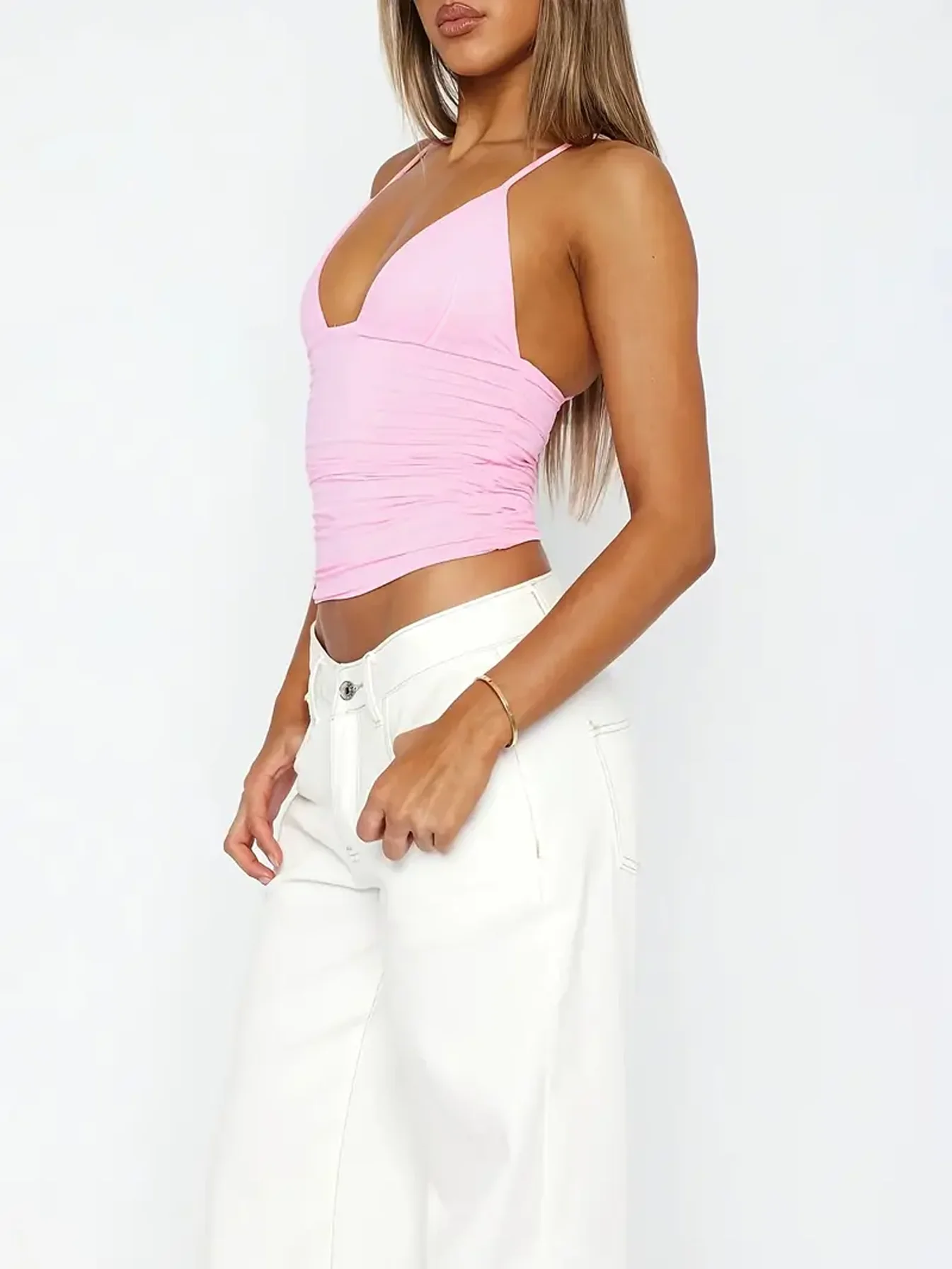 Sommer Damen Tiefer V-Ausschnitt Gerafftes Cami-Top Elastisches Schlankes Bodycon Spaghettiträger Tanktop Y2K Streetwear Club Party Basic Camisole – Detail 8