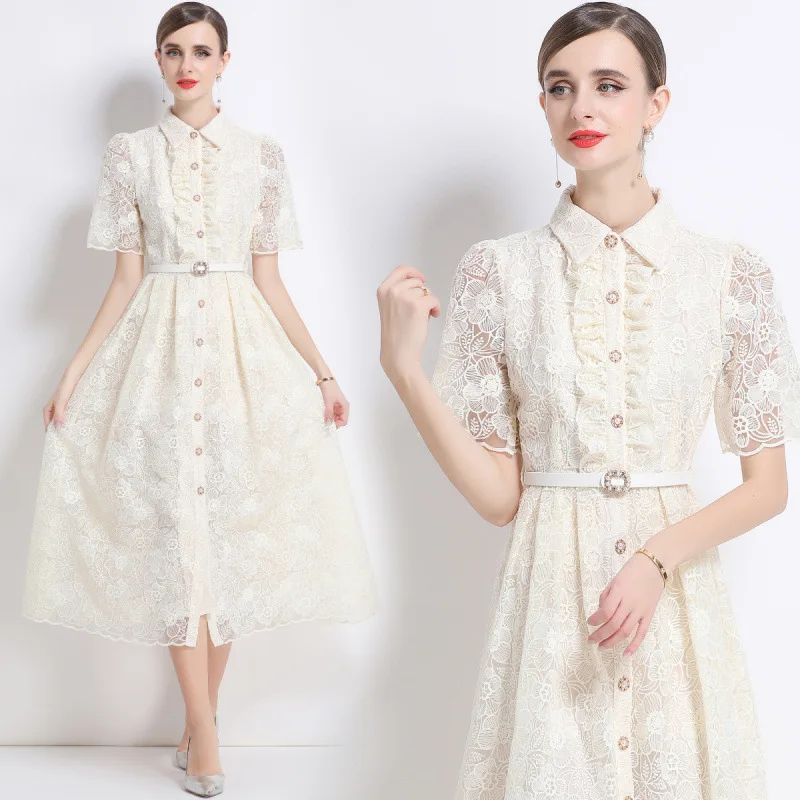 Ele Street Sle Spódnica Midi z Koronkowym Haftem, Rozkloszowany Dół, Wysoki Stan, Linia A, Poliester, Dzianina