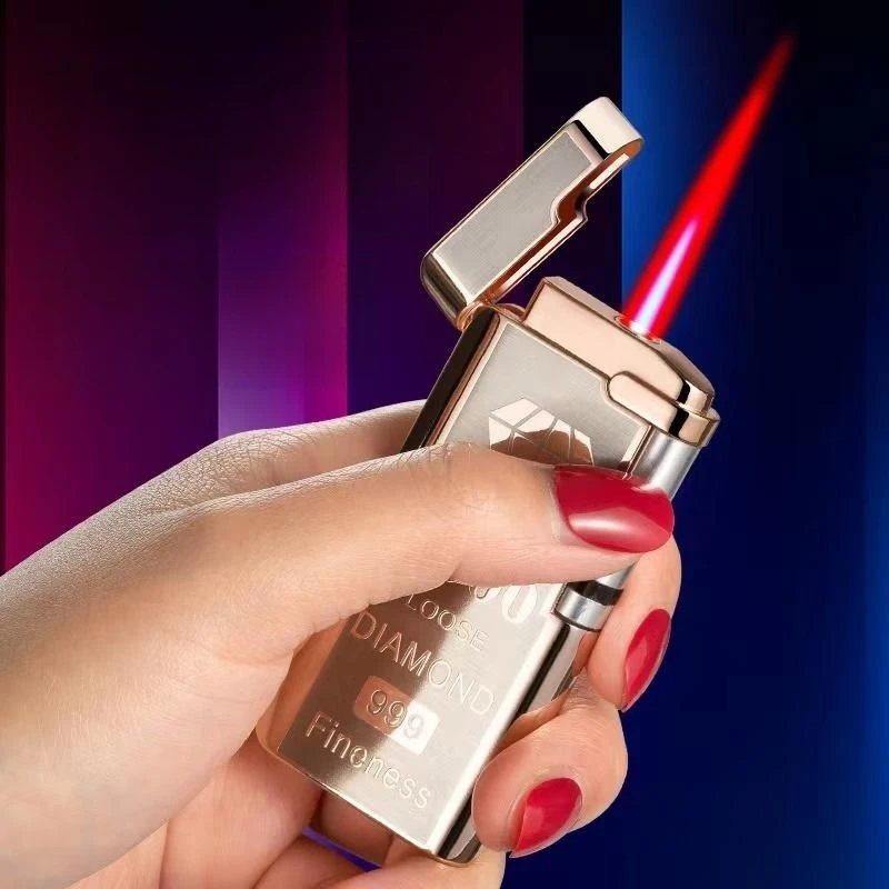 Metal Electroplated Thin Windproof Red Flame Inflatable Lighter Roller Sideslip Ignition Battery Butane Gas Lighter Gift No Gas