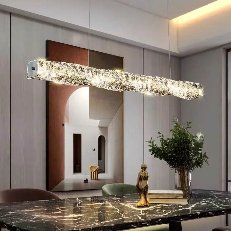 Modern Long Strip Luxury Crystal LED Pendant Lamp Silver Hanging Light Living Dining Room Hotel Villa Chandeliers Lighting Decor