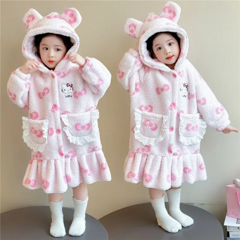 

Hello Kitty Anime Kawaii Sanrio Ins Children Bathrobes Cute Cartoon Pajamas Coral Fleece Princess Baby Clothes Gifts Toys