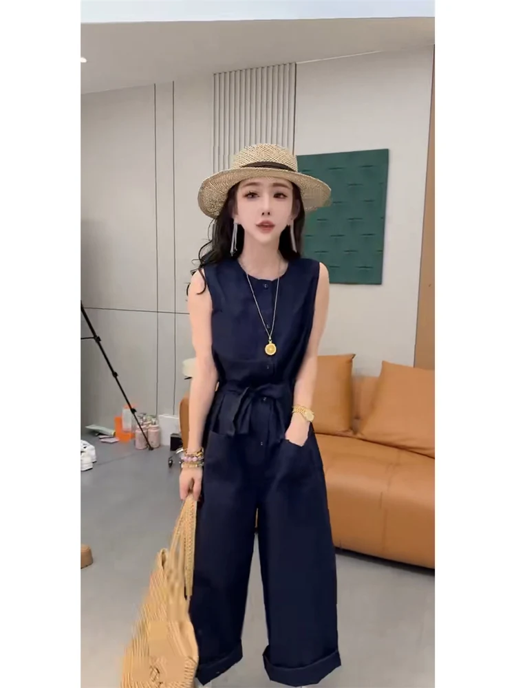 韓国風おしゃれなモノキニ、2025年夏デザイン、ワイドレッグパンツ、ウエストシェイプ、スリム、無地、ハイウエストロングパンツ