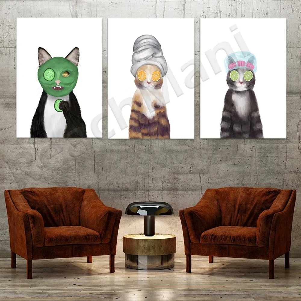 3 cats in bathroom wall art, spa cat in bathroom art, cat with face mask, funny cat lover gift, cat mom poster