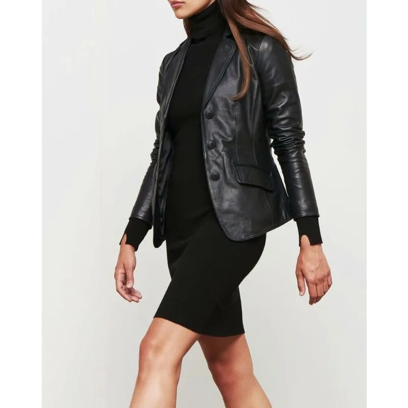 Women's Real Lambskin Leather Blazer Front Button-Up Coat Outdoor