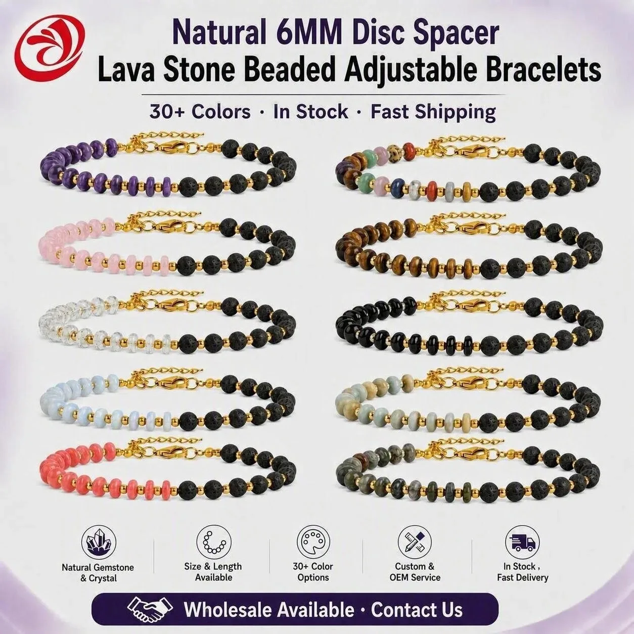 6MM Lava Stone Adjustable Bracelet Gold Clasp Natural Disc Gemstone Spacer Beaded Bracelets Essential Oil Diffuser Jewelry