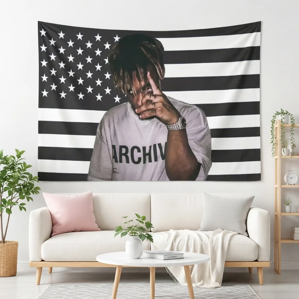 Juice WRLD Archive Photo Print Tapestry Black US Flag Background Wall Hanging For College Dorm Teen Room Home Decor