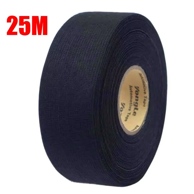 1 Roll 25M Car Wiring Harness Tape - Black Cloth Fabric Adhesive Tape for Auto Cable Looms Insulation Wrapping