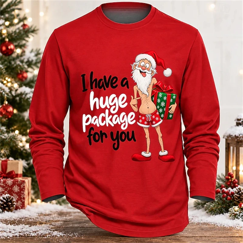 2026 New Men's Long-Sleeve Christmas T-Shirt Santa Claus Gift-Giving Print Crew Neck Pullover Loose Fit Fun Holiday Party Top
