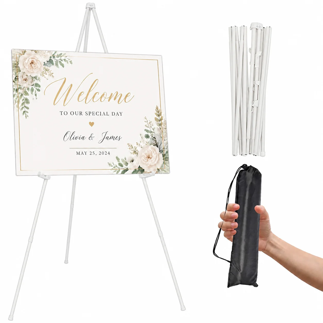 Metal Wedding Easel Stand for Welcome Signs,Adjustable Tripod Sign Holder for Wedding Ceremony,Reception Seating Chart,Guest Book Display,Table Number Board and Party Decoration,Portable Folding Display Stand for Bridal Events