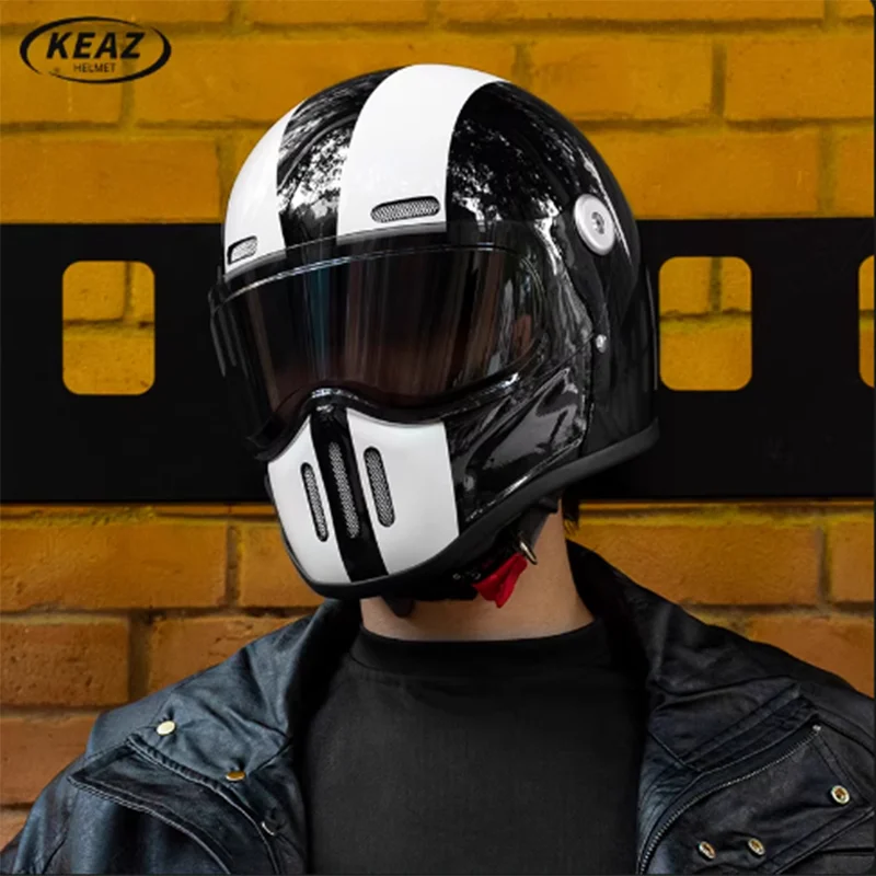 Flagship Genuine Pig Nose Glass Fiber Full Face Helmet with Retro White Black Lines and Windproof Goggles for Urban Commuting