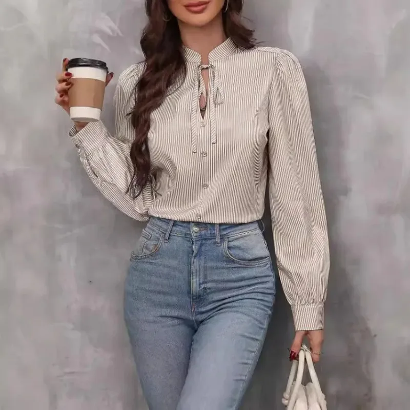 

Women's Blouses and Shirts Striped Long Sleeve V-neck Button Lace-up Blouses Lady Trend 2026 Fashion Commuter Basic Tops