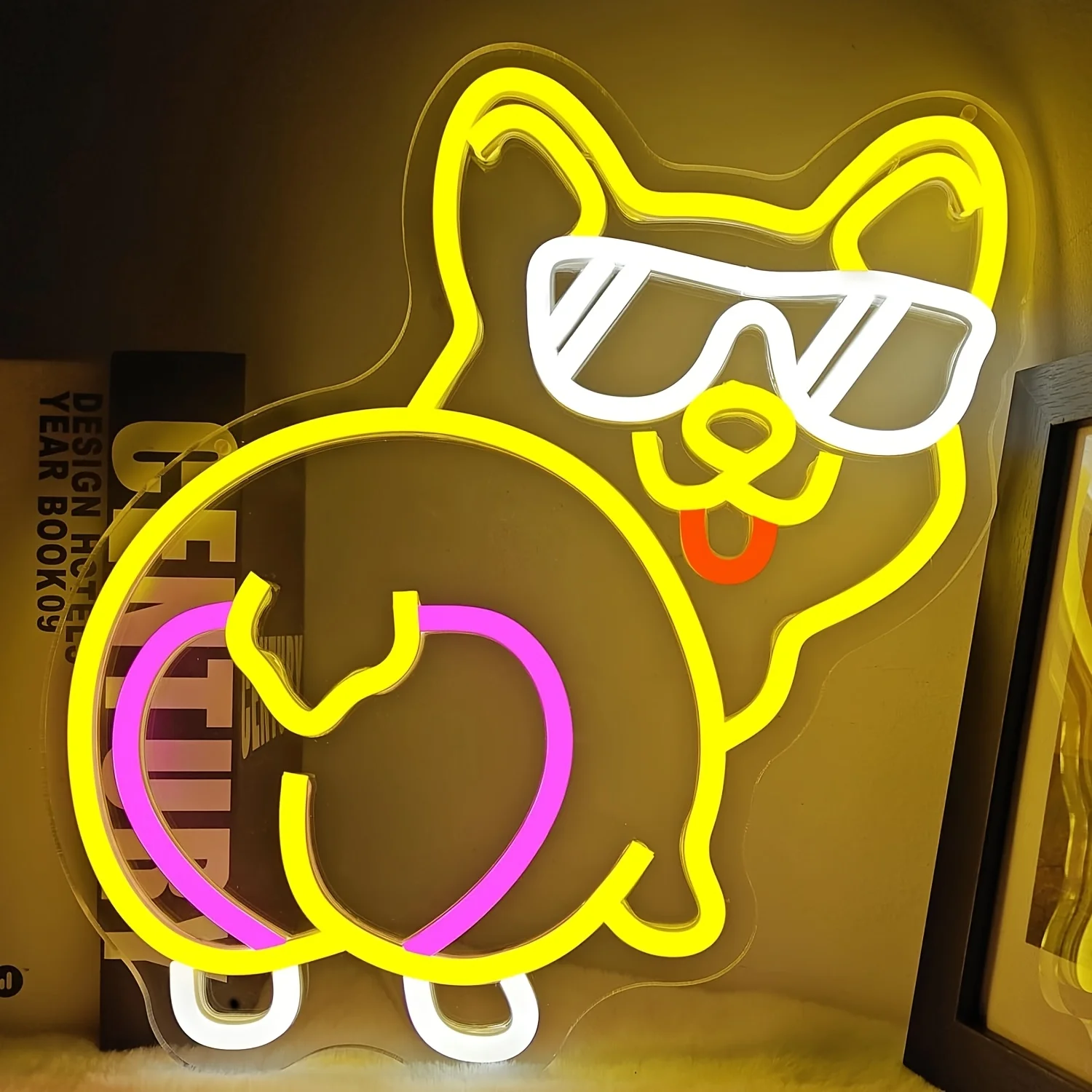 Cute Corgi Butt LED Neon Sign - USB-Powered Dimmable Corgi Dog Light with Glasses & Butt for Wall or Table, Plug-and-Play