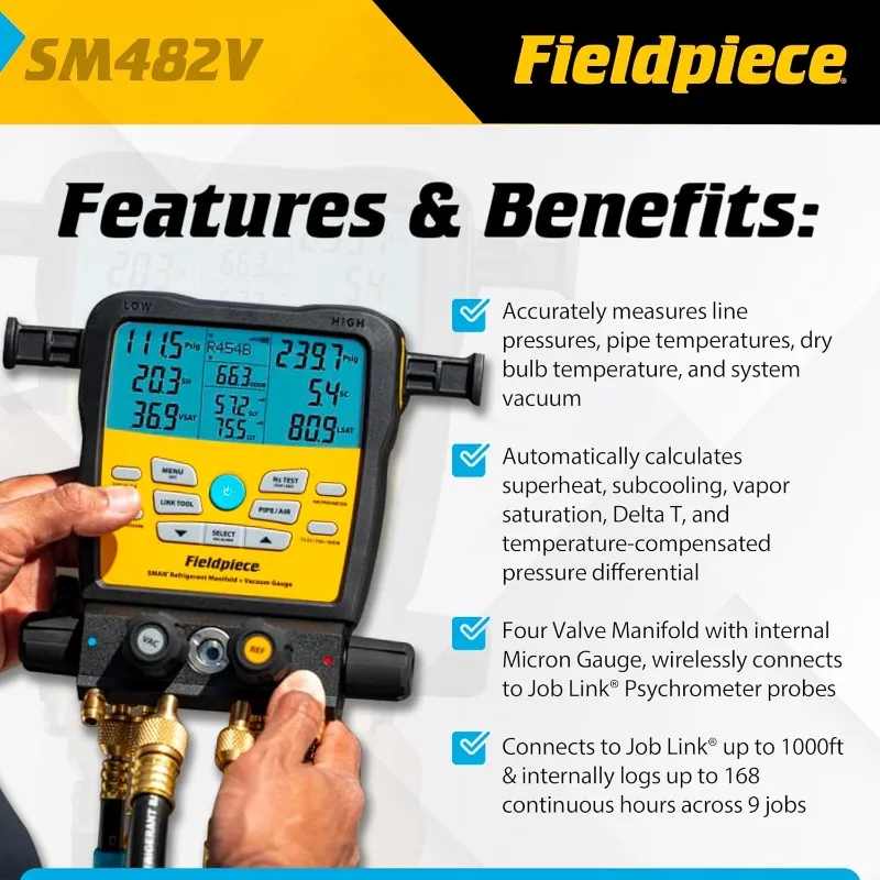 SM482V Wireless 4-Port SMAN Refrigerant Manifold with Vacuum Gauge – Air Conditioning/Refrigerant Digital Gauges for HVAC