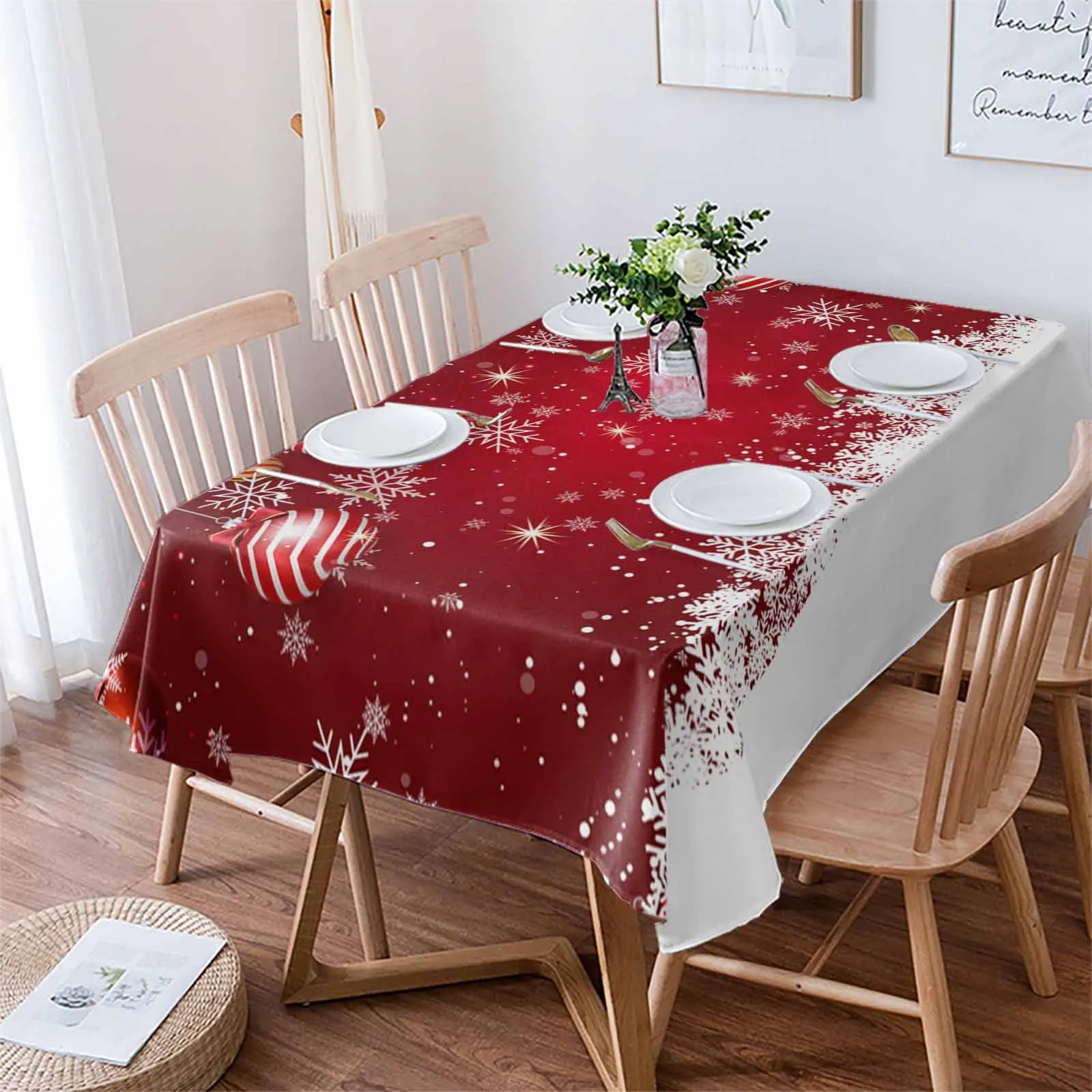 Christmas  Snowflakes Lantern Balls  Tablecloth Waterproof Dining Table Rectangular Round Table Cover Home Kitchen Decoration