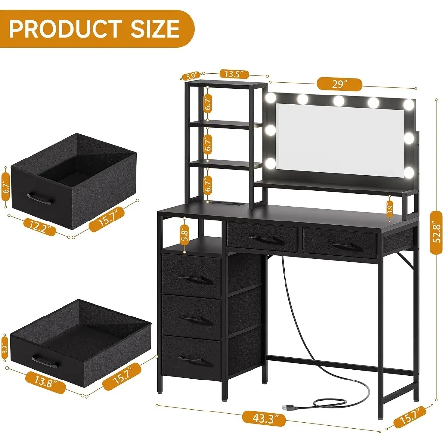 Vanity Desk with Mirror, 9 Lights, 3 Color Modes with Adjustable Brightness, 5 Spacious Fabric Drawers and Storage Shelves, Mak