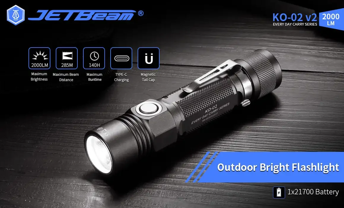 JETBeam KO-02 V2 2000 lúmenes linterna recargable linternas de Camping búsqueda de aventura antorcha luz Zaklamp