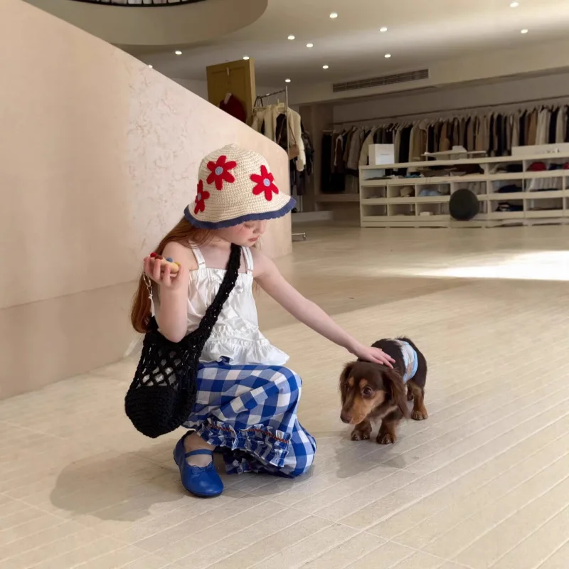 

26Spring and summer new girls' lace suspender plaid pants two-piece set, children's sweet and fashionable casual pants cotton ou