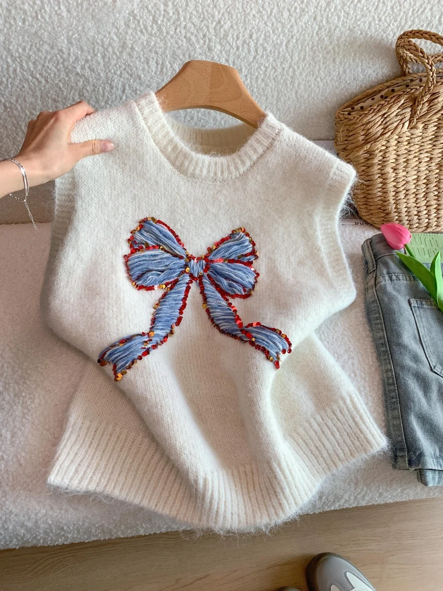 

Корейский мягкий вязаный жилет с вышивкой и узлами, круглый вырез, женский, весенний, уютный, мягкий, комфортный топ