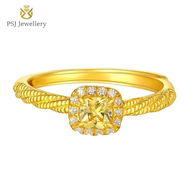 

PSJ Fashion Unique Design Jewelry 18K Gold Plated Square Yellow Crystal Adjustable S925 Sterling Silver Rings for Women Girls