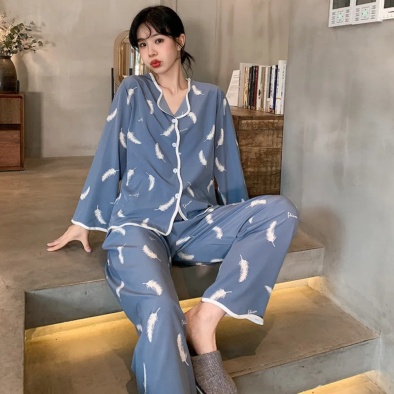 Women's Spring and Autumn Long-sleeved Ice Silk New Smooth and Soft Pajamas  Women's Foreign Trade Wholesale Thin Loungewear Set