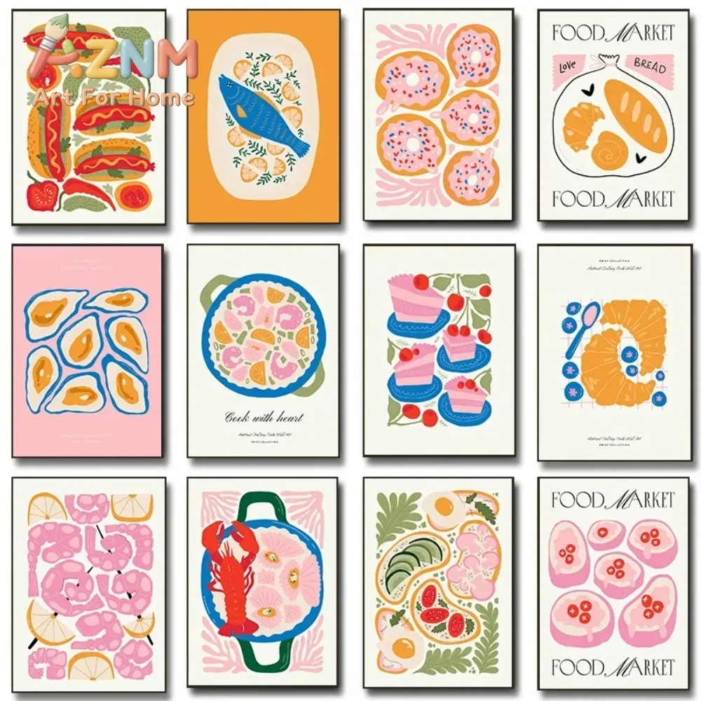 Minimalism Foods Posters Delicious Oyster Pink Ramen Bowl Shrimp Hot Dog Prints Canvas Painting Wall Pictures Home Kitchen Decor