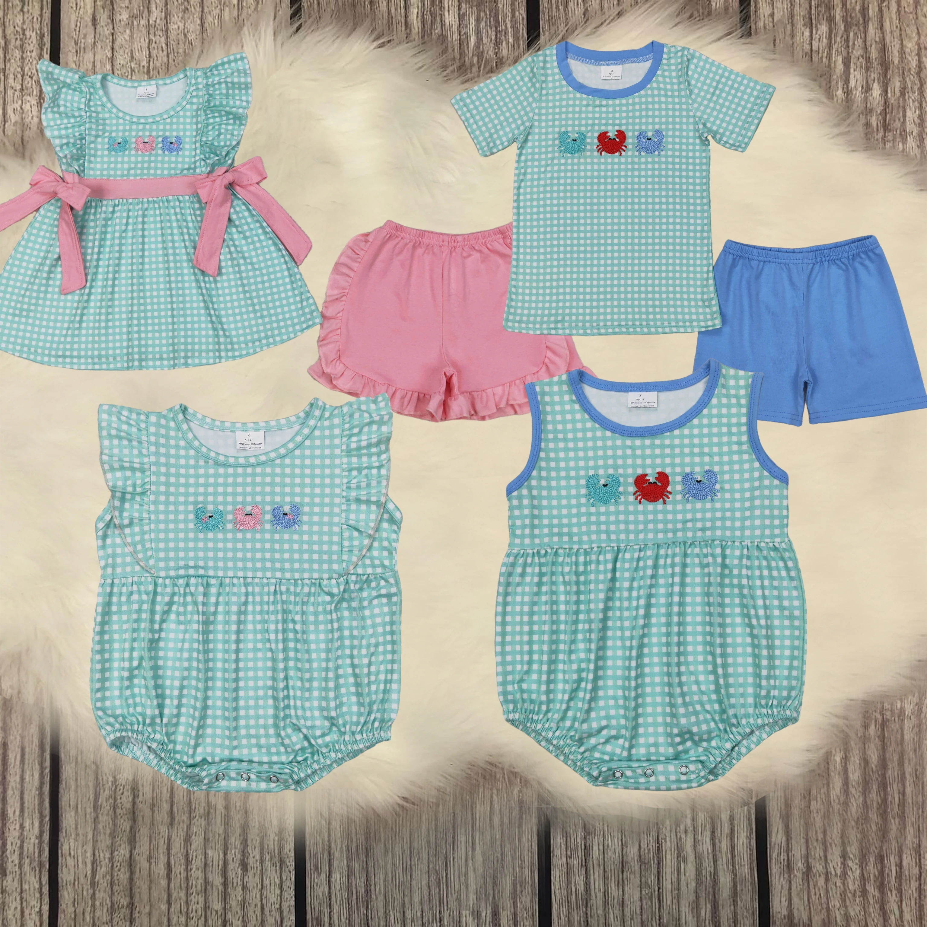 

Wholesale Sibling Embroidery Clothes Baby Girls Boys Crabs Bows Bubbles Rompers Toddler Outfits Kids Children Cute Wear Sets
