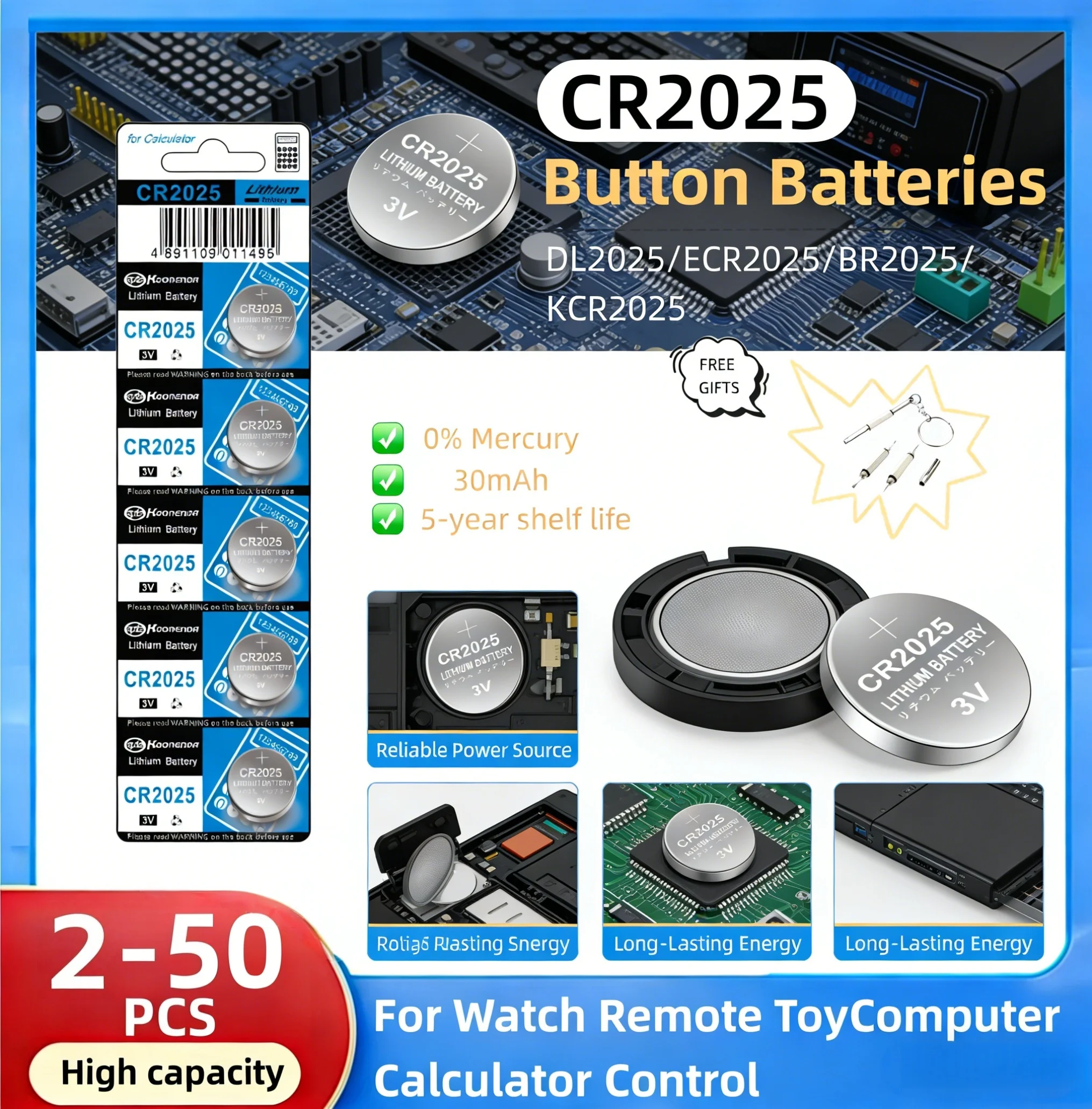 

CR2025 3V Lithium Battery 2-50PCS, Replacement for DL2025 BR2025 KCR2025 Coin Cell for Remote Watch