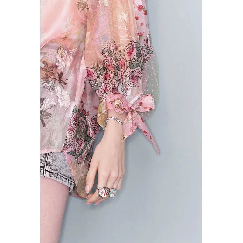 ELFSACK Retro Floral Print Chiffon Shirt, Kawaii Bow Tie Sleeve Summer Top, Romantic Sheer Mesh Patchwork Blouse for Women