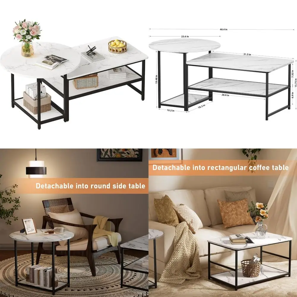 

Faux Marble Wood Coffee Table with Adjustable Shelf, Nesting Tables Set, Small Living Room Furniture for Modern Interiors