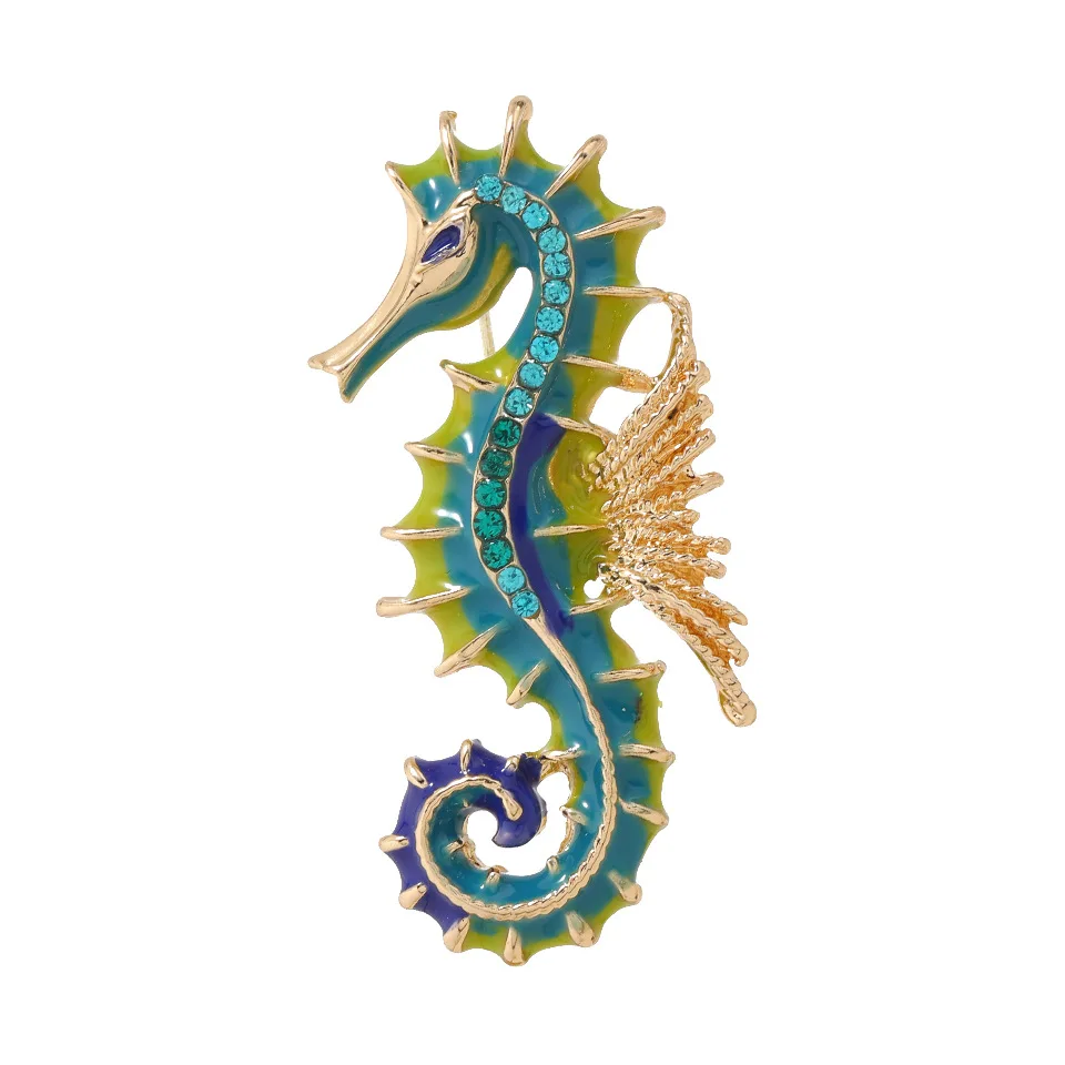 Vintage Enamel Hippocampus Brooches for Women Men Green Shiny Zircon Sea Horse Animal Party Office Brooch Pin Gifts Jewelry