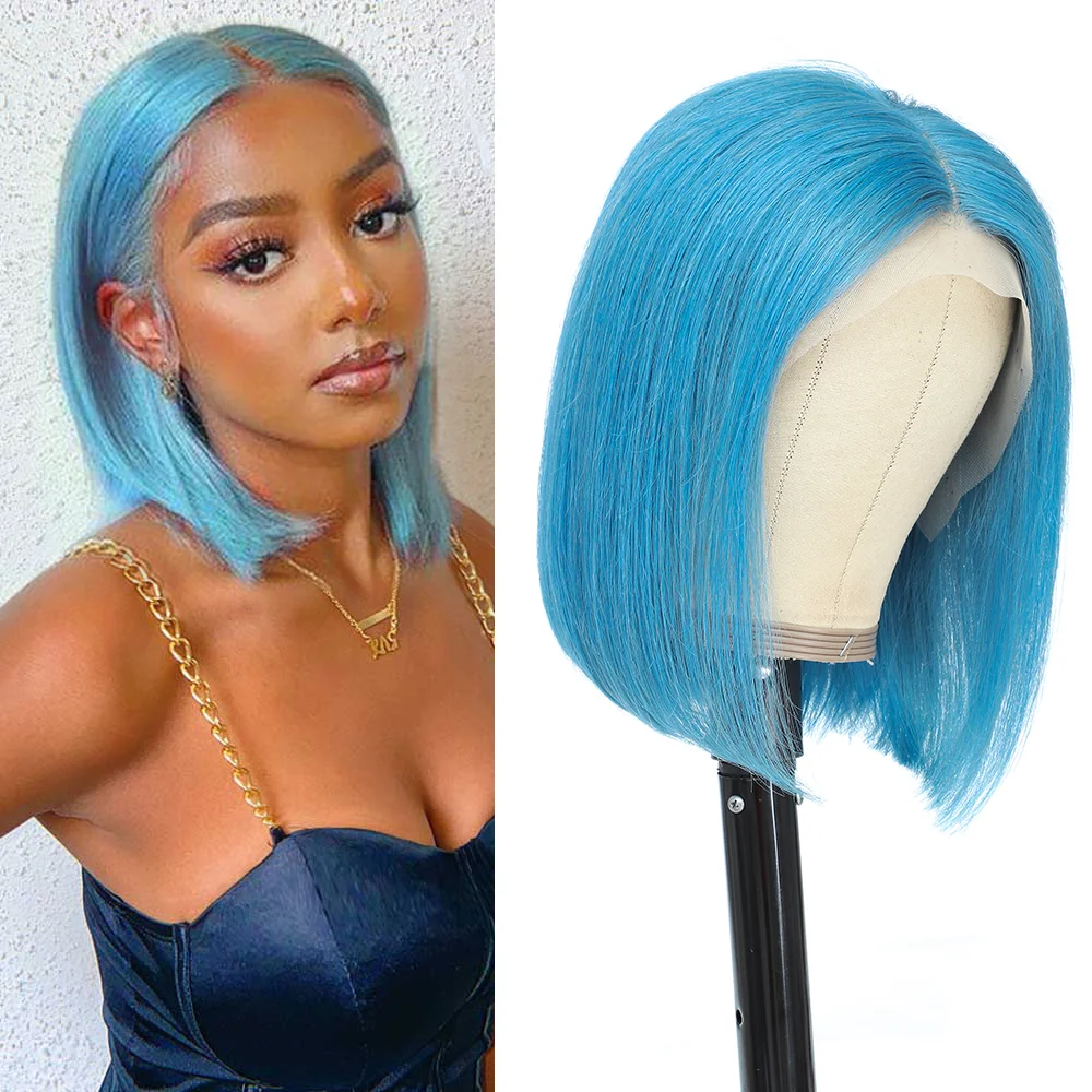 Pelucas de Cabello Humano Corto Estilo Bob Azul Cielo, Pelucas de Cabello Humano Liso con Encaje 13X4, Peluca Bob de Cabello Humano Teñida en Rosa, Rubio 613 y Plateado