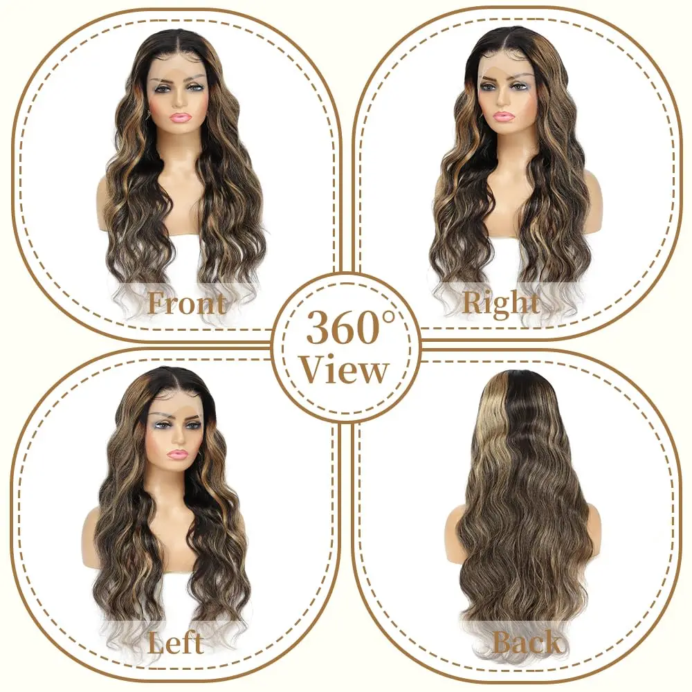 Perruque Body Wave Brésilienne Naturelle avec Frange pour Femme, Cheveux Humains à Reflets Ombré 1B 27, 13x4