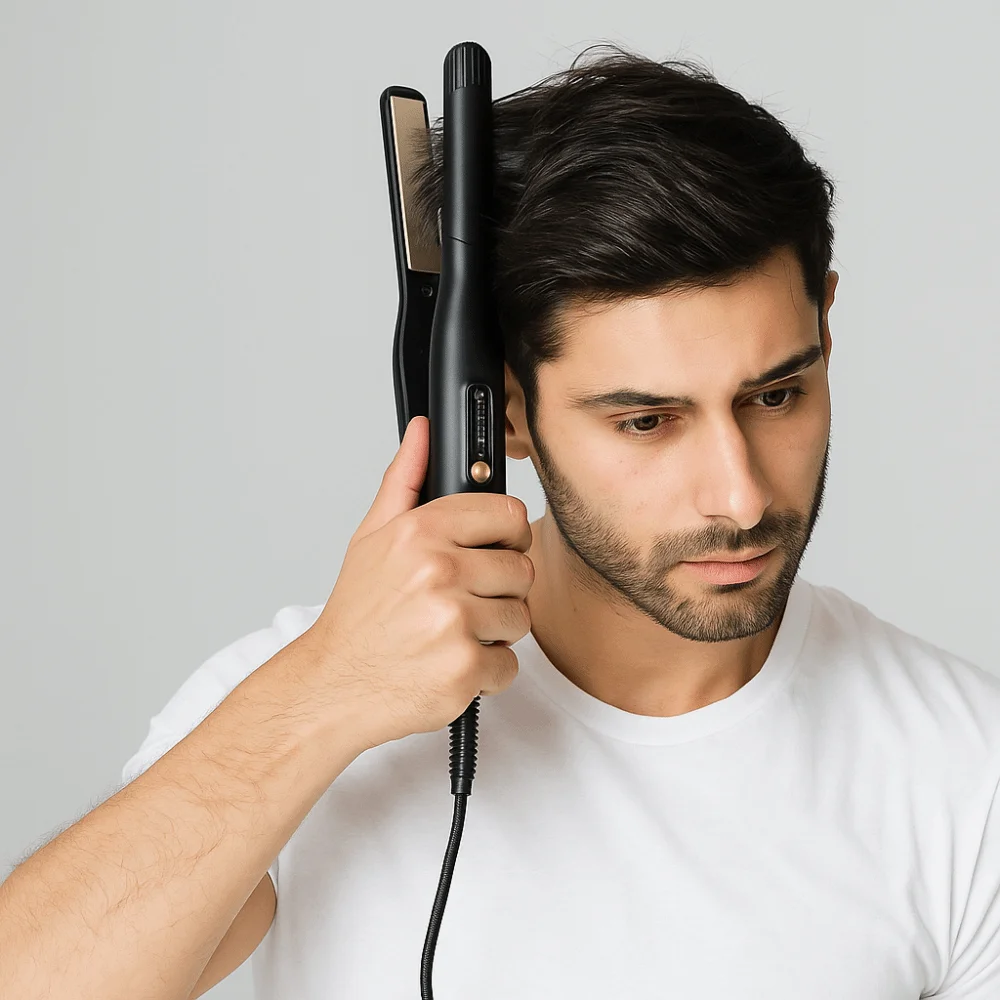 

Non-slip Handle 2 in 1 Hair Straightener Plastic Casing Mini Men Curling Iron Heat-proof Auto Power-off