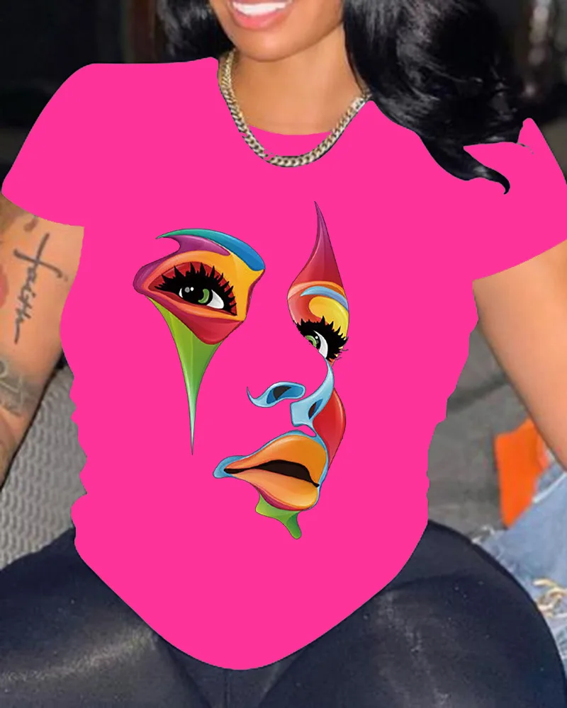 Camiseta gráfica casual feminina, blusa com gola redonda, roupa estampada da moda, primavera e verão, nova